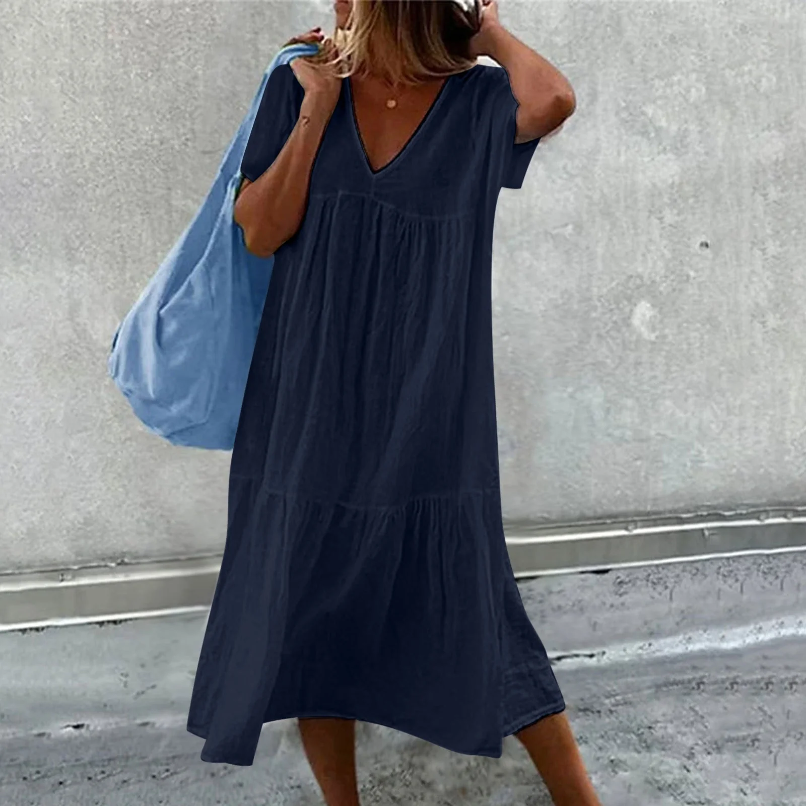 GR | Women's casual dress with V-neck and simple handbag
