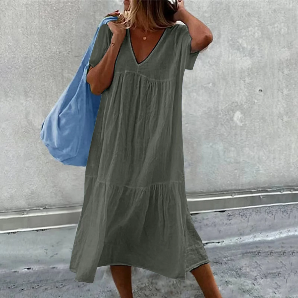 GR | Women's casual dress with V-neck and simple handbag