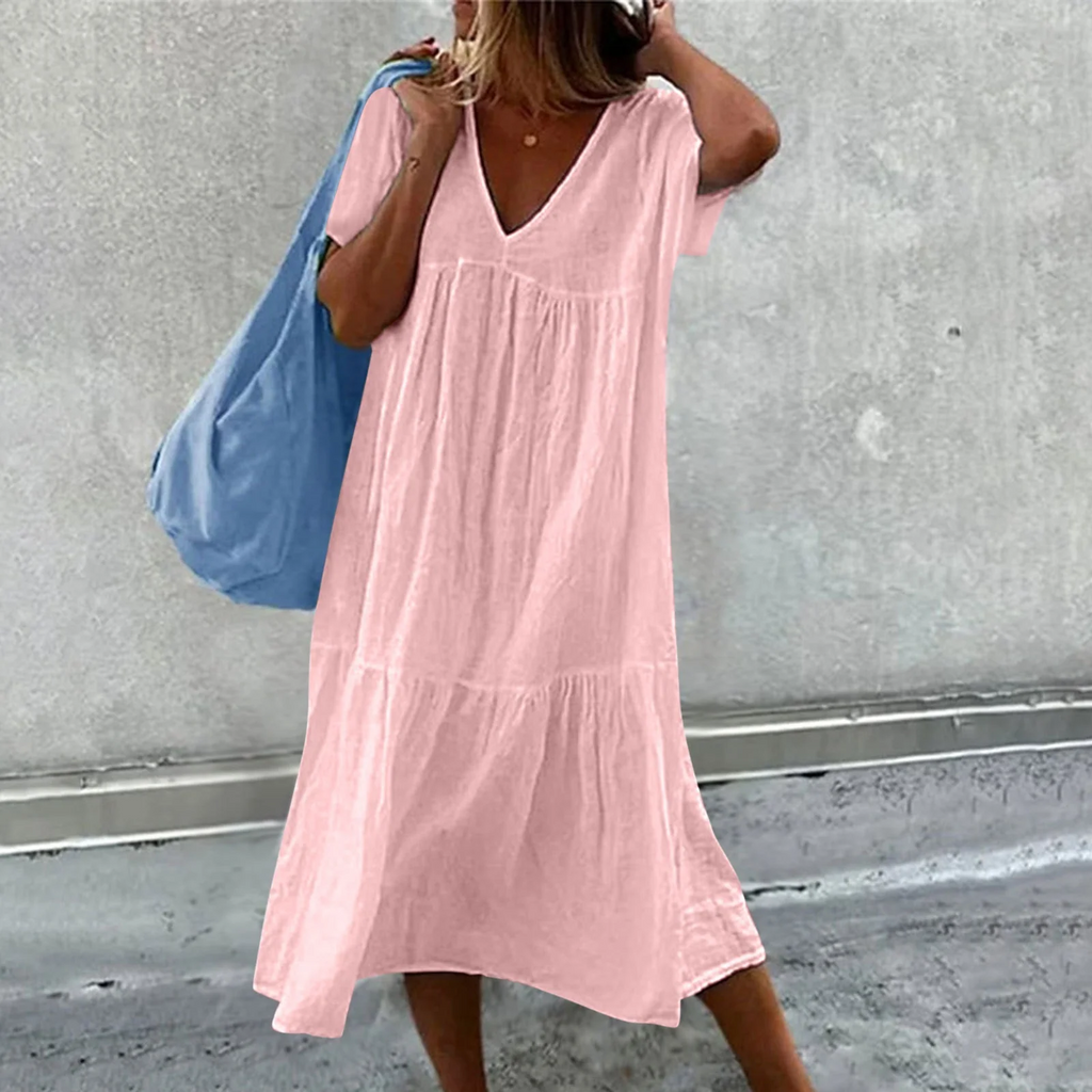 GR | Women's casual dress with V-neck and simple handbag