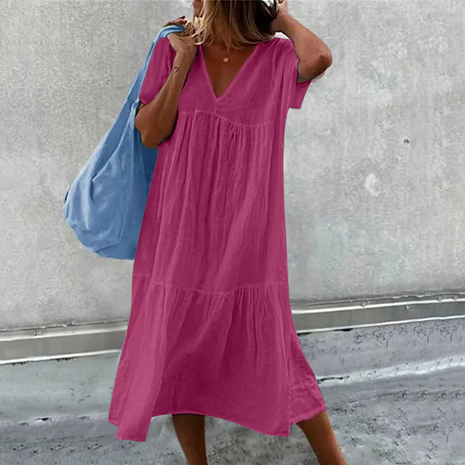 GR | Women's casual dress with V-neck and simple handbag