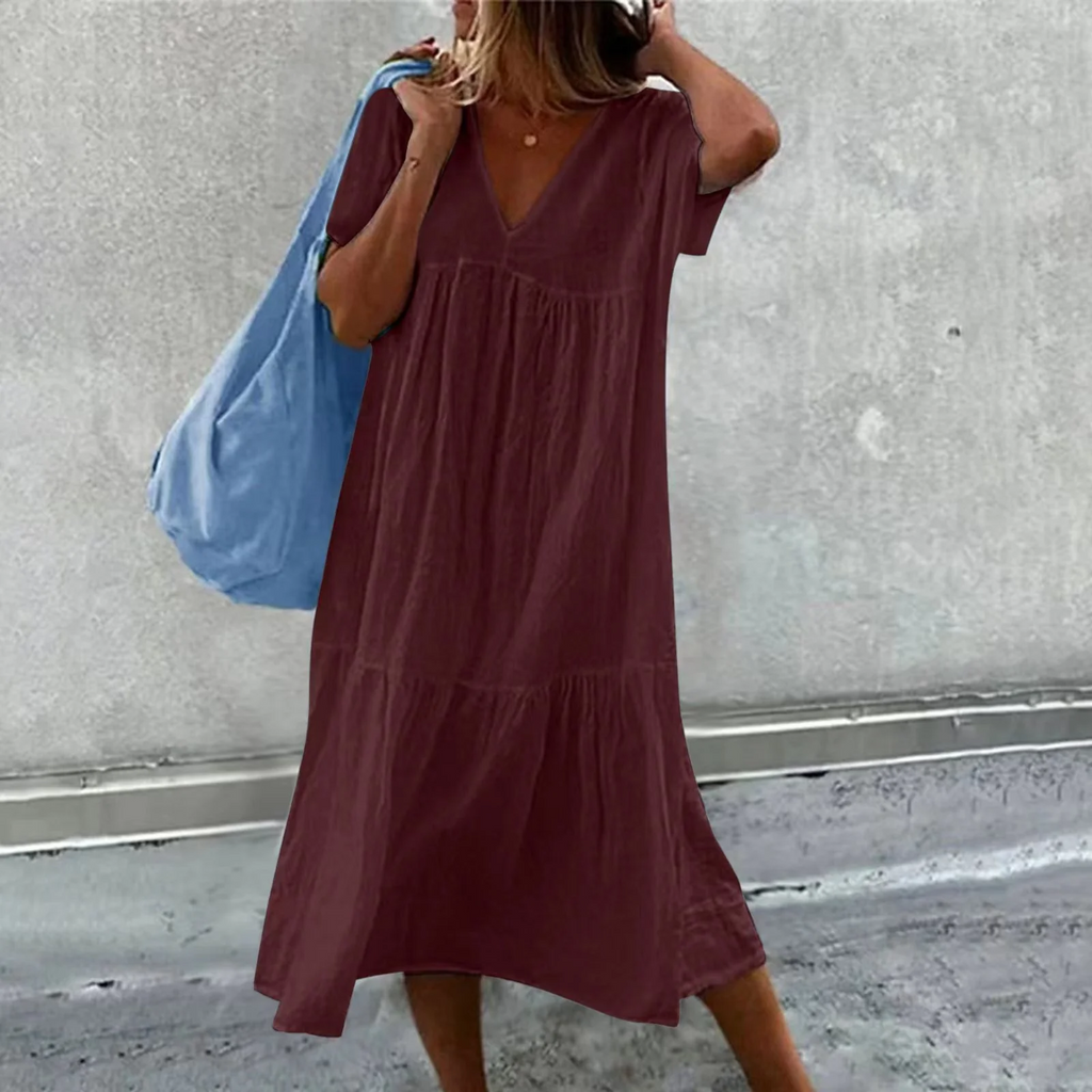 GR | Women's casual dress with V-neck and simple handbag