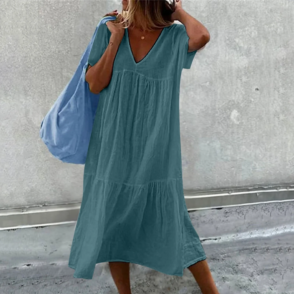 GR | Women's casual dress with V-neck and simple handbag