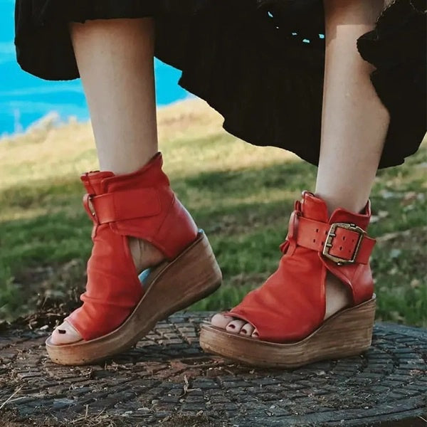 GR | Open High Top Sandals with Wedge Heel and Buckle for Women