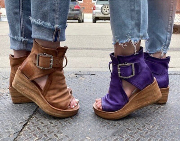 GR | Open High Top Sandals with Wedge Heel and Buckle for Women