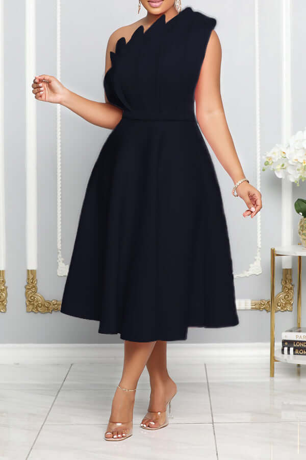 GR | One Shoulder Midi Kleid Elegante A-linie Passform Skulpturierte Details Festliche Kleidung
