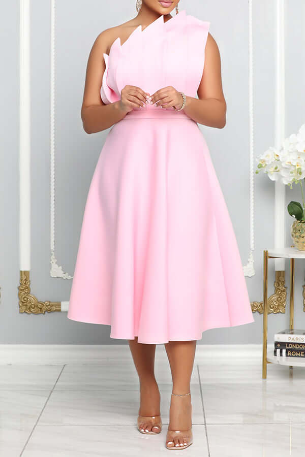 GR | One Shoulder Midi Kleid Elegante A-linie Passform Skulpturierte Details Festliche Kleidung