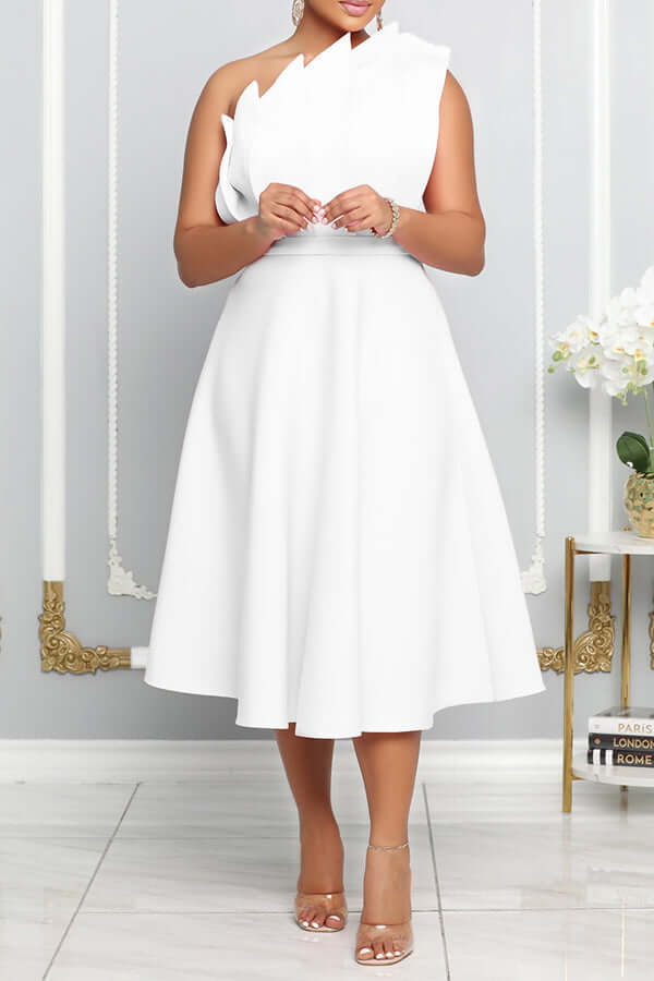 GR | One Shoulder Midi Kleid Elegante A-linie Passform Skulpturierte Details Festliche Kleidung