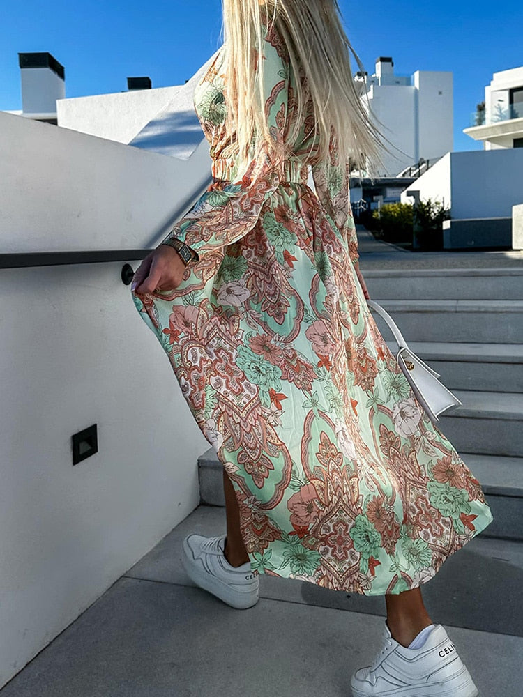 GR | Printed slim-fit long-sleeved dress for women
