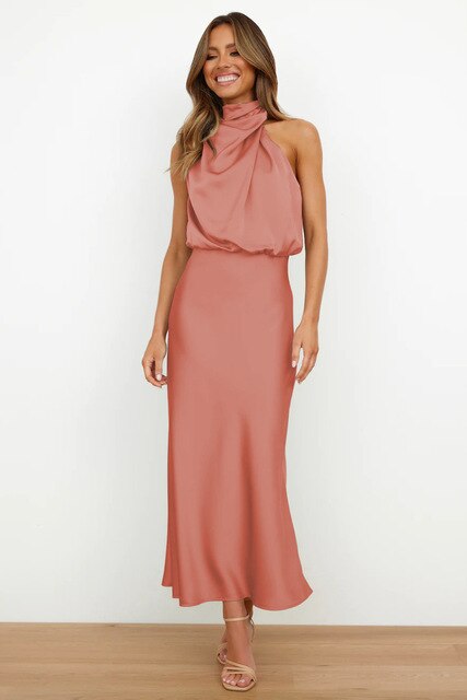 GR | Elegant satin halterneck dress for women