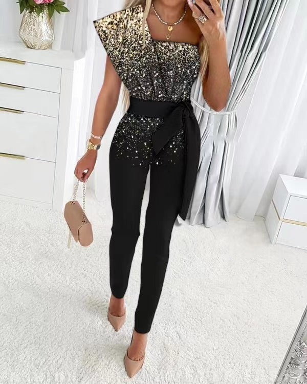 GR | One Shoulder Jumpsuit with Sequins and Waistband