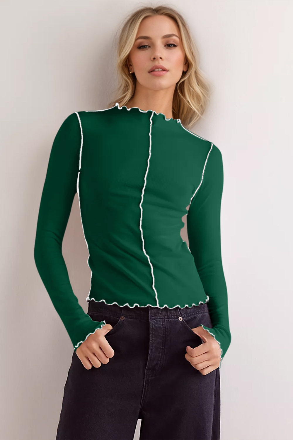 GR | Basic Bae Kontrastbesatz Mock Neck Langarm T-Shirt