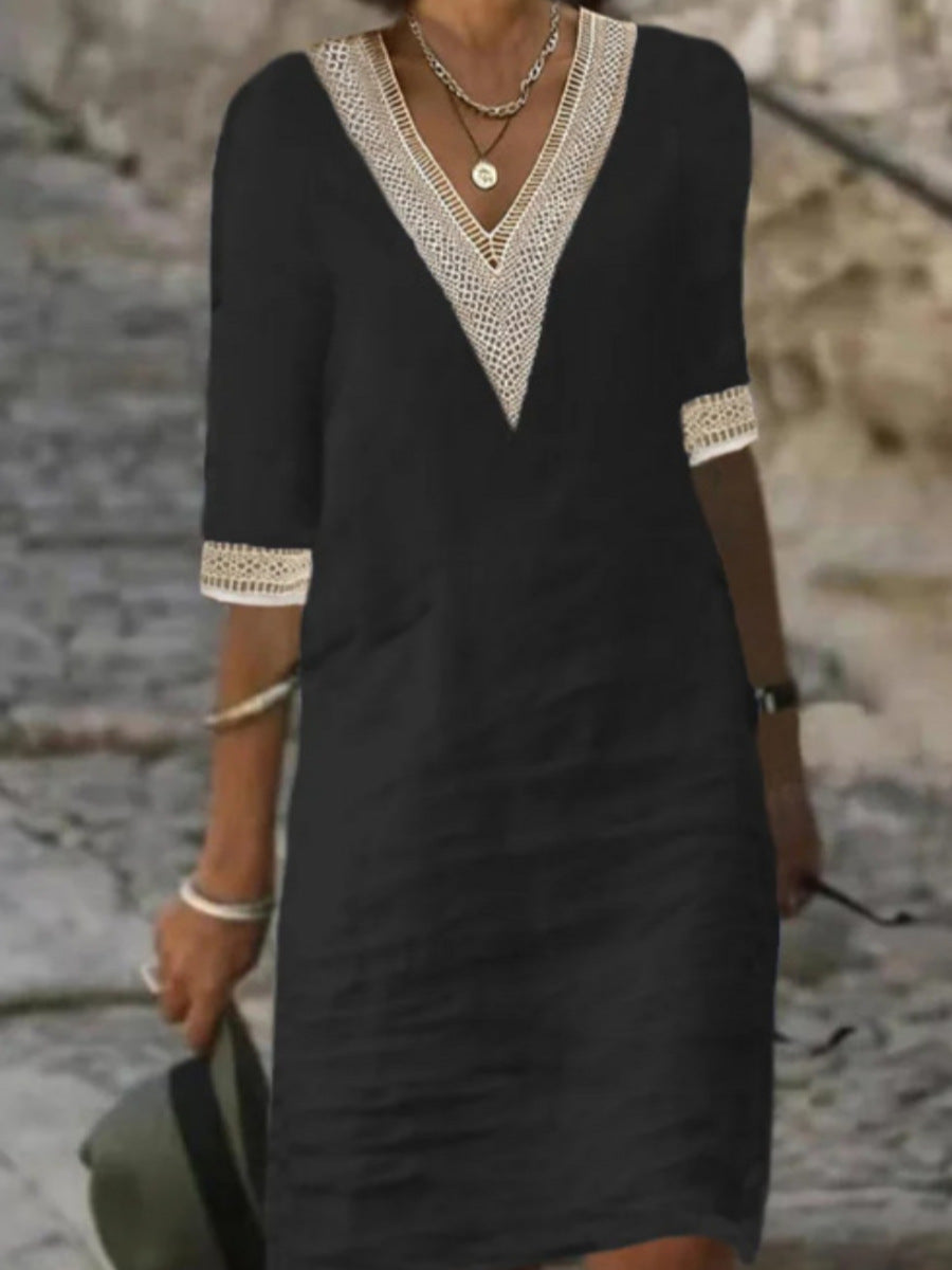 GR | Simple cotton linen dress with V-neck and half sleeves