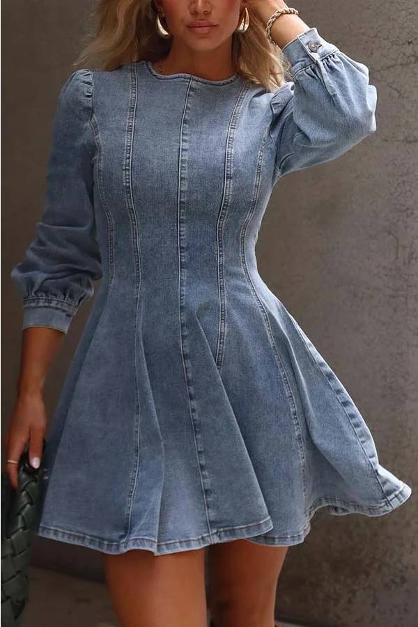 GR | Fade Into You Denim Prinzessinnenlinie Rückenreißverschluss Flare Stretch Mini Kleid