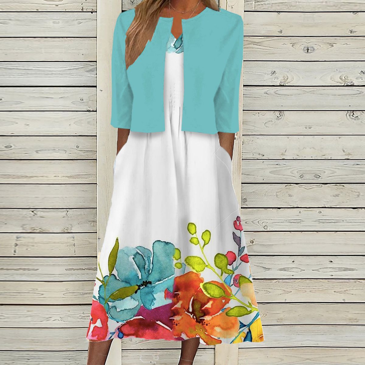 GR | Glamouröses Lilafarbenes Midikleid Mit Blumendruck Und Jacke