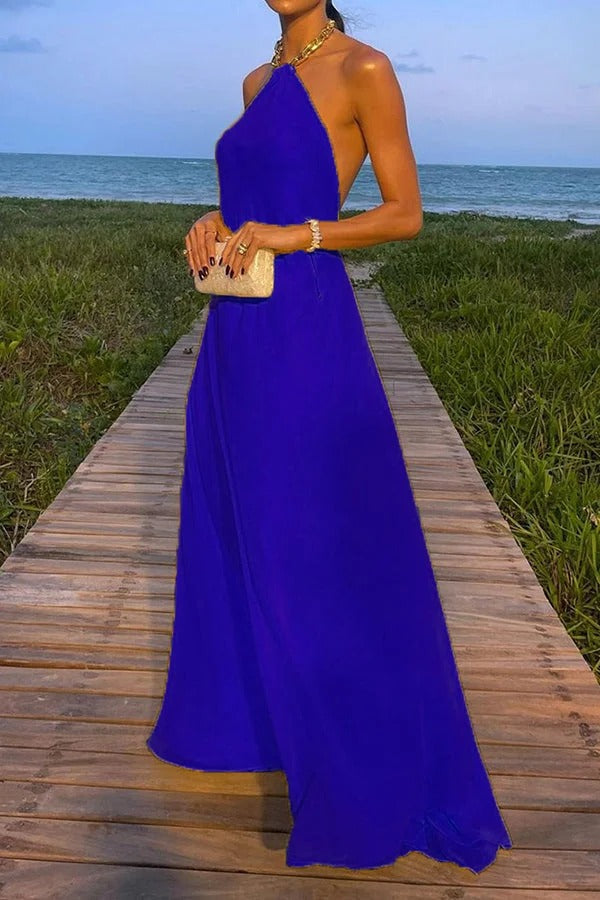 GR | Sunny In Santorini Chain Halter Backless A-Line Holiday Maxi Dress