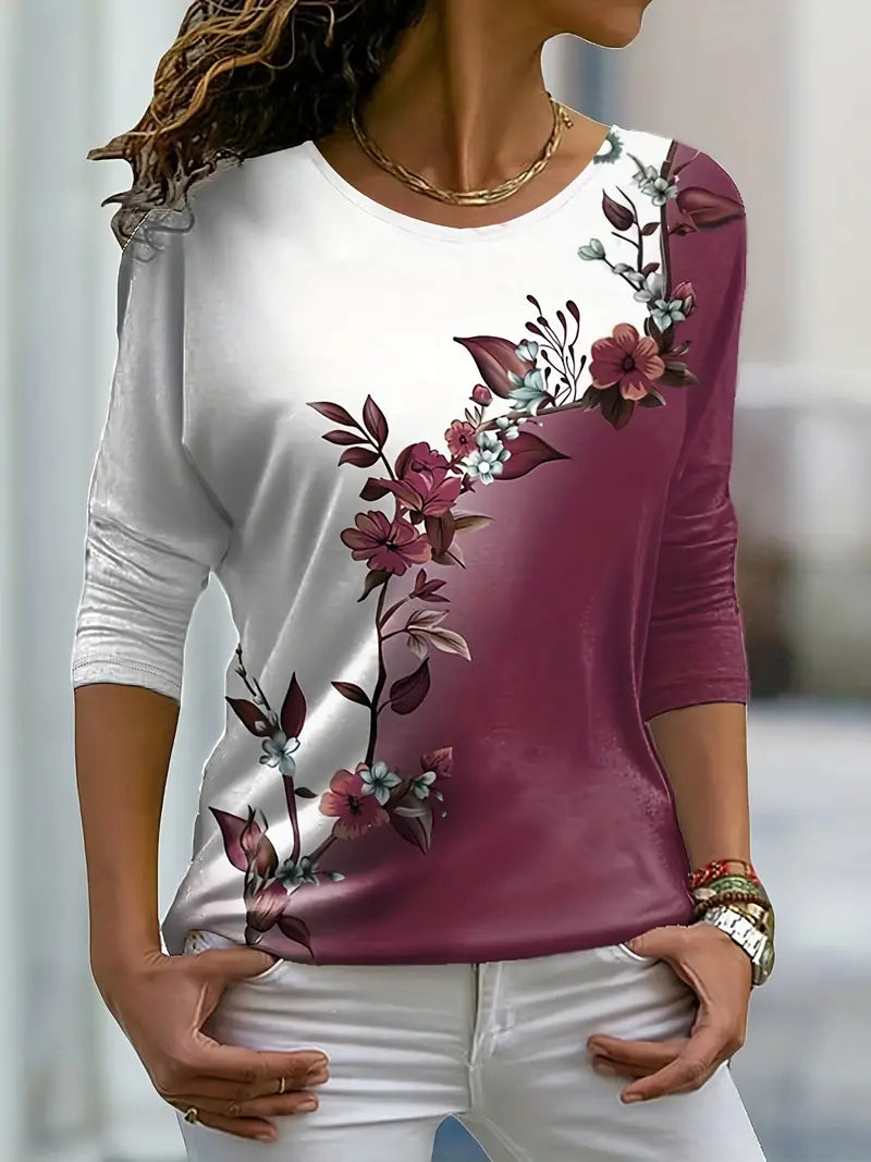 GR | Lässiges T-Shirt mit Rundhalsausschnitt und Blumendruck