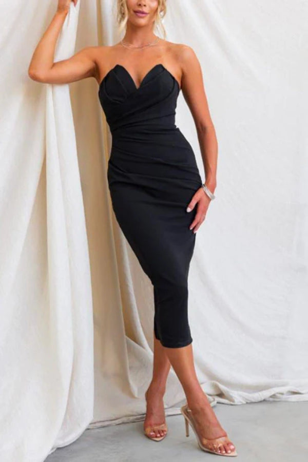 GR | 8 Farben Strapless Tube Top Rüschen Rücken Schlitz Midi Party Kleid