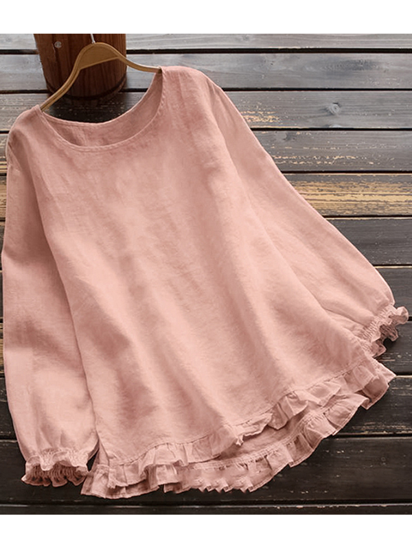 GR | O-neck Solid color Long sleeves Ruffled Linen Tops