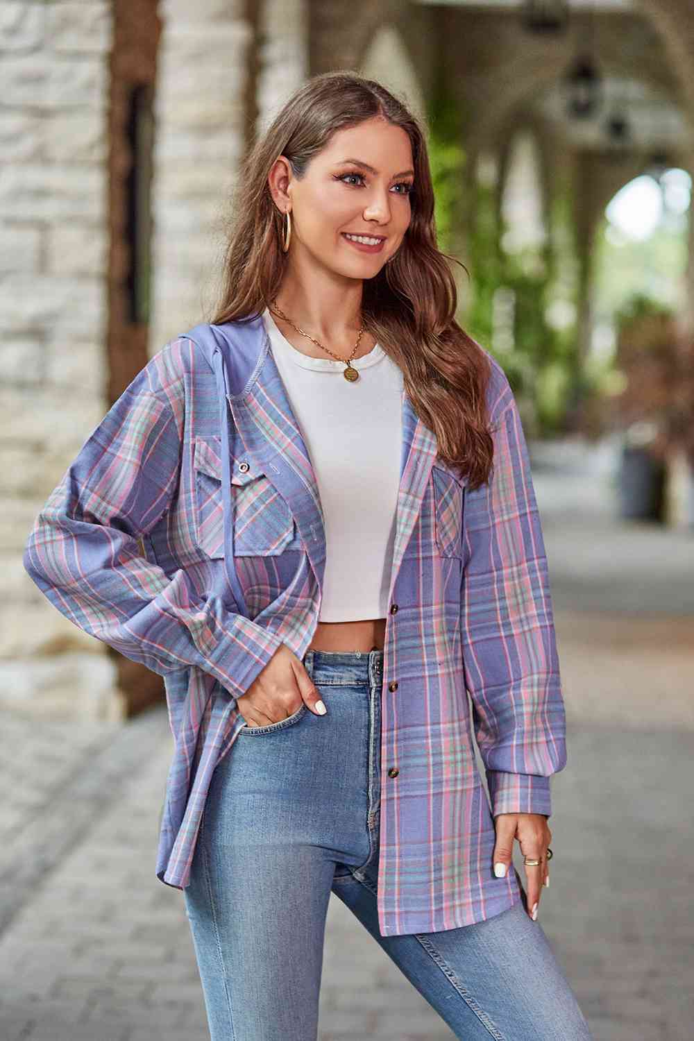 GR | Checkered long-sleeved hooded jacket
