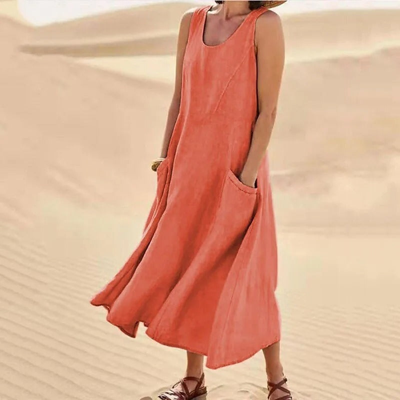 GR | Sleeveless Linen Dress with Pockets for Women
