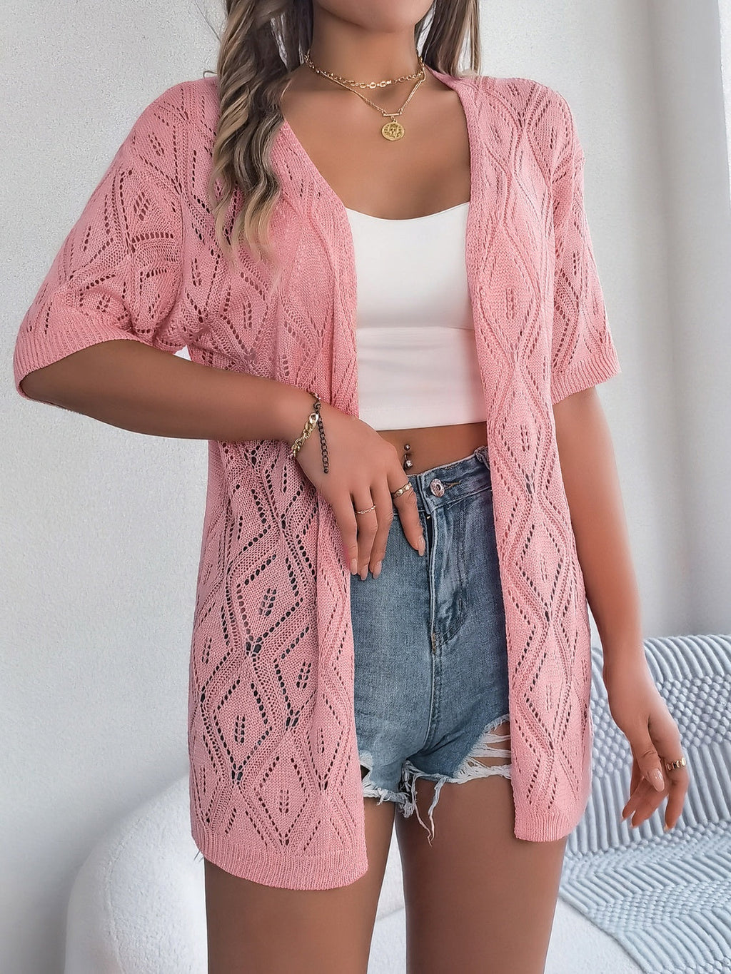 GR | Durchbrochene Offene Front Halbarm-Cardigan