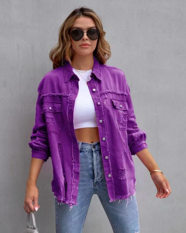 GR ripped shirt jacket, women's autumn and spring casual tops, women's clothing