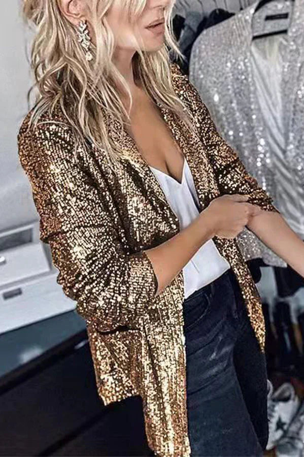 GR | Women's Sequin Blazer with Long Sleeves and Lapel