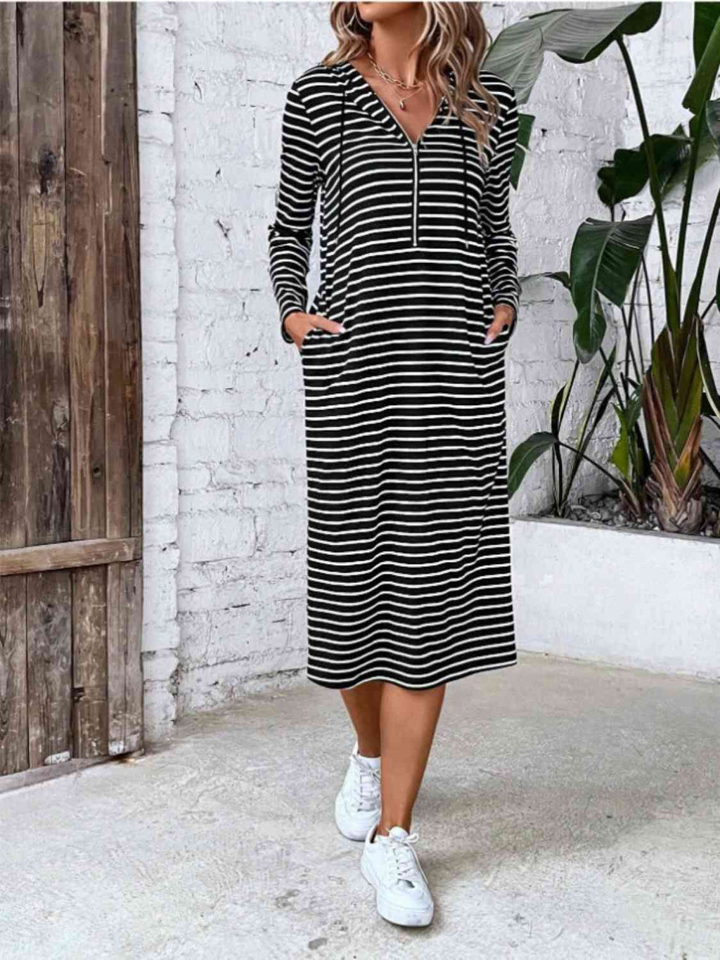GR | Striped Zip-Front Hooded Dress