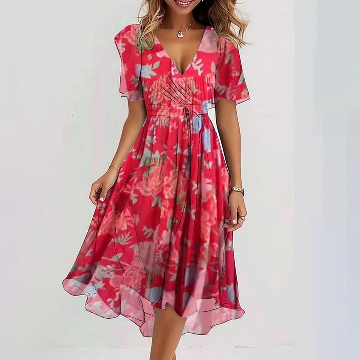 GR | Stilvolles Blumenkleid mit Kurzen Ärmeln