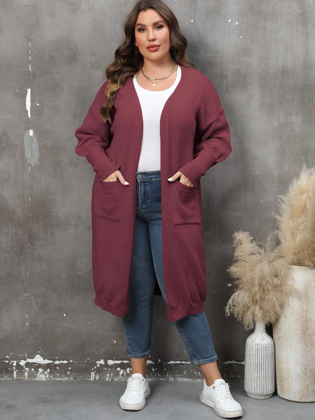 GR | Plus Size Langarm Taschen Cardigan