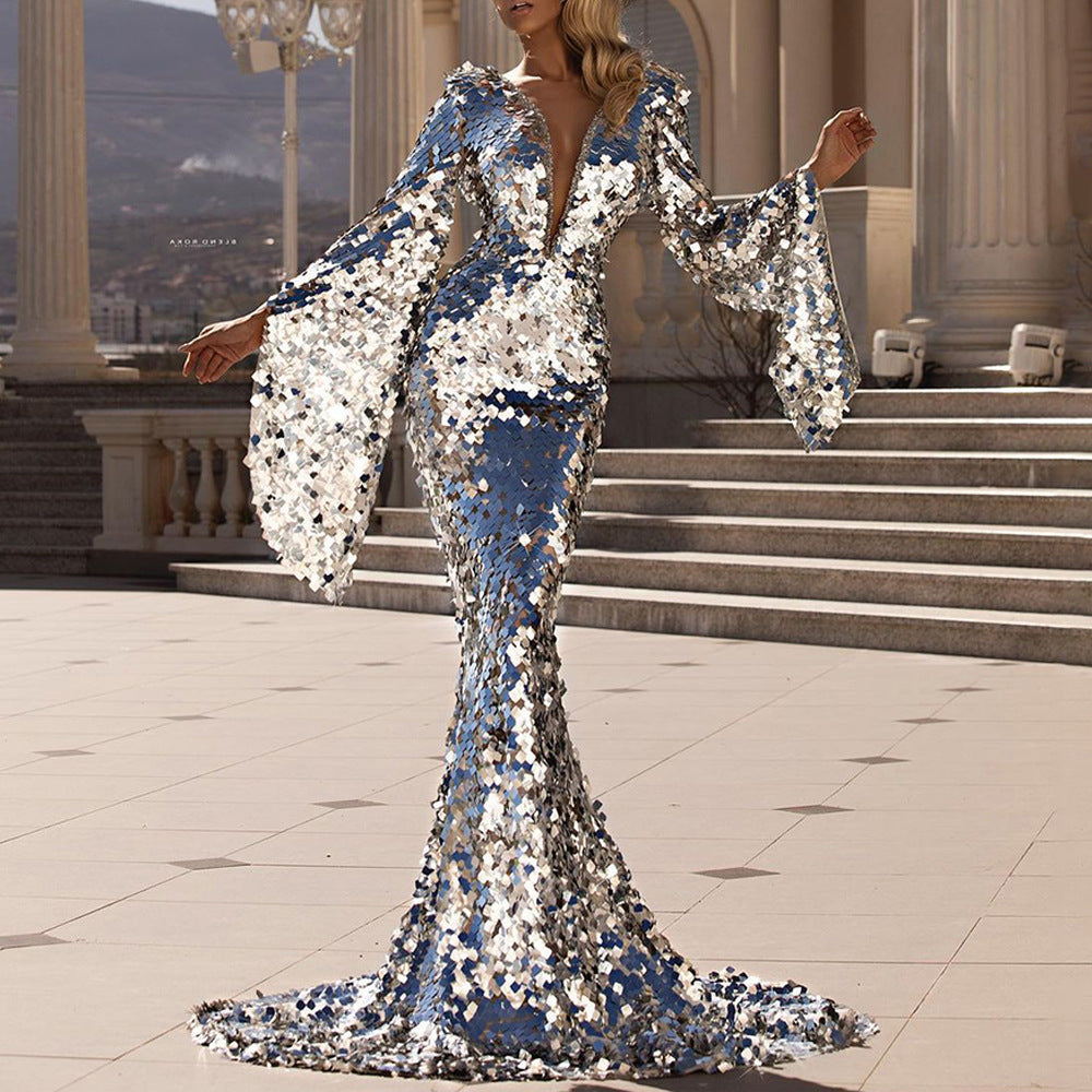 GR | Enchanting Sequin Silver Party Cover-Up Hip Evening Dress