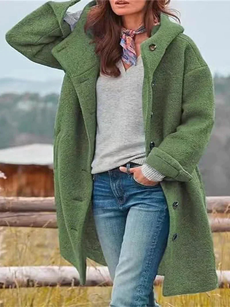 Long-sleeved, single-breasted, loose-fitting coat with a turn-down collar