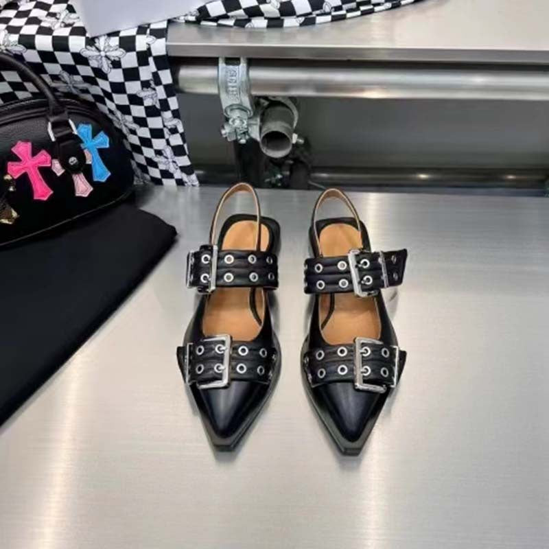 GR | Pointed toe belt buckle mules leather flat sandals