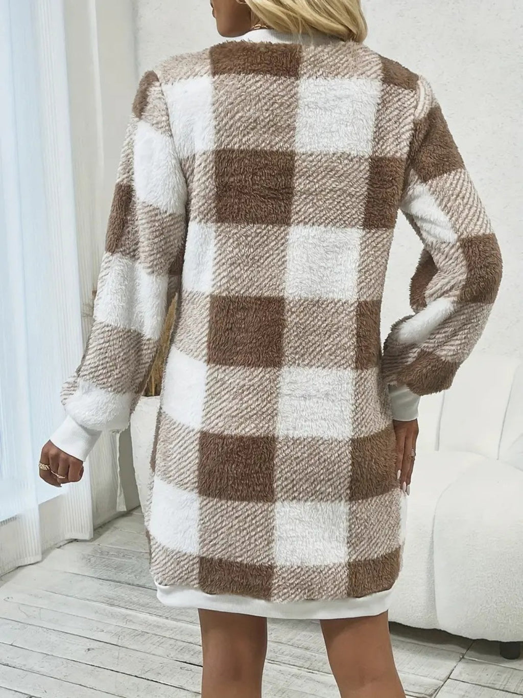 GR | Chic autumn brown checked V-neck sweater dress for women
