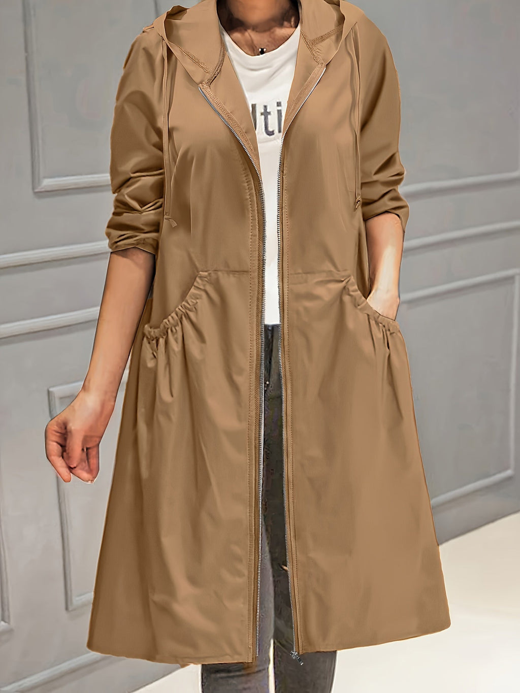 GR | Women's Casual Long Jacket with Hood and Zipper