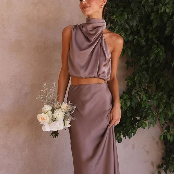 GR | Satin-colored multi-colored slim-fit casual two-piece suit
