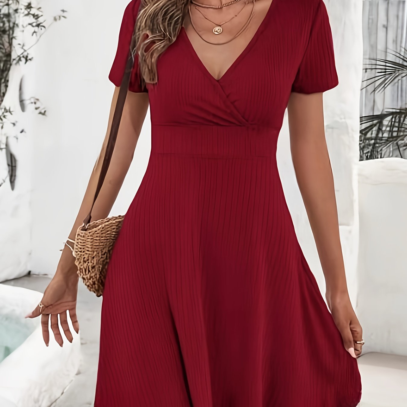 GR | Sommerkleid für Damen mit V-Ausschnitt Elegant Tailliert Kurzärmelig