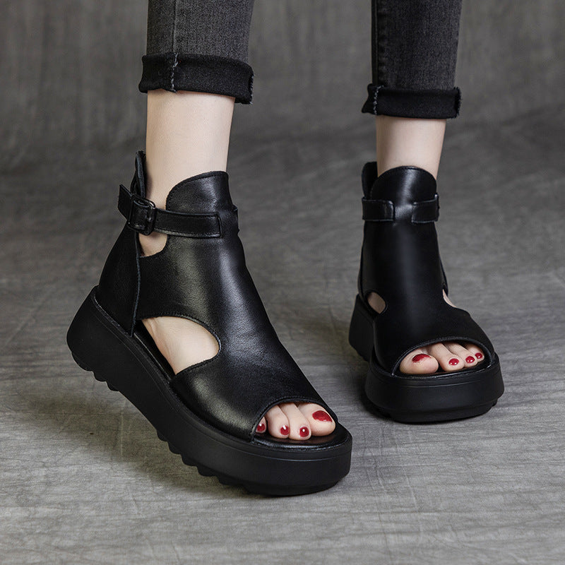 GR | Summer New Retro First Layer Cowhide Back Peep Toe Sandals for Women