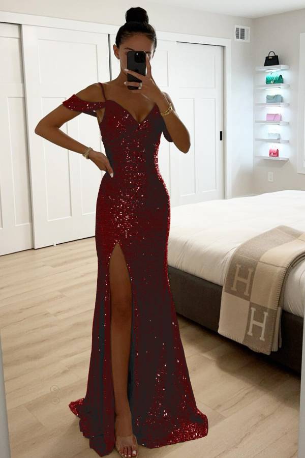 GR | Paillettenspitze Meerjungfrau Abschlussballkleider mit Schlitz Off-Shoulder Abendkleid