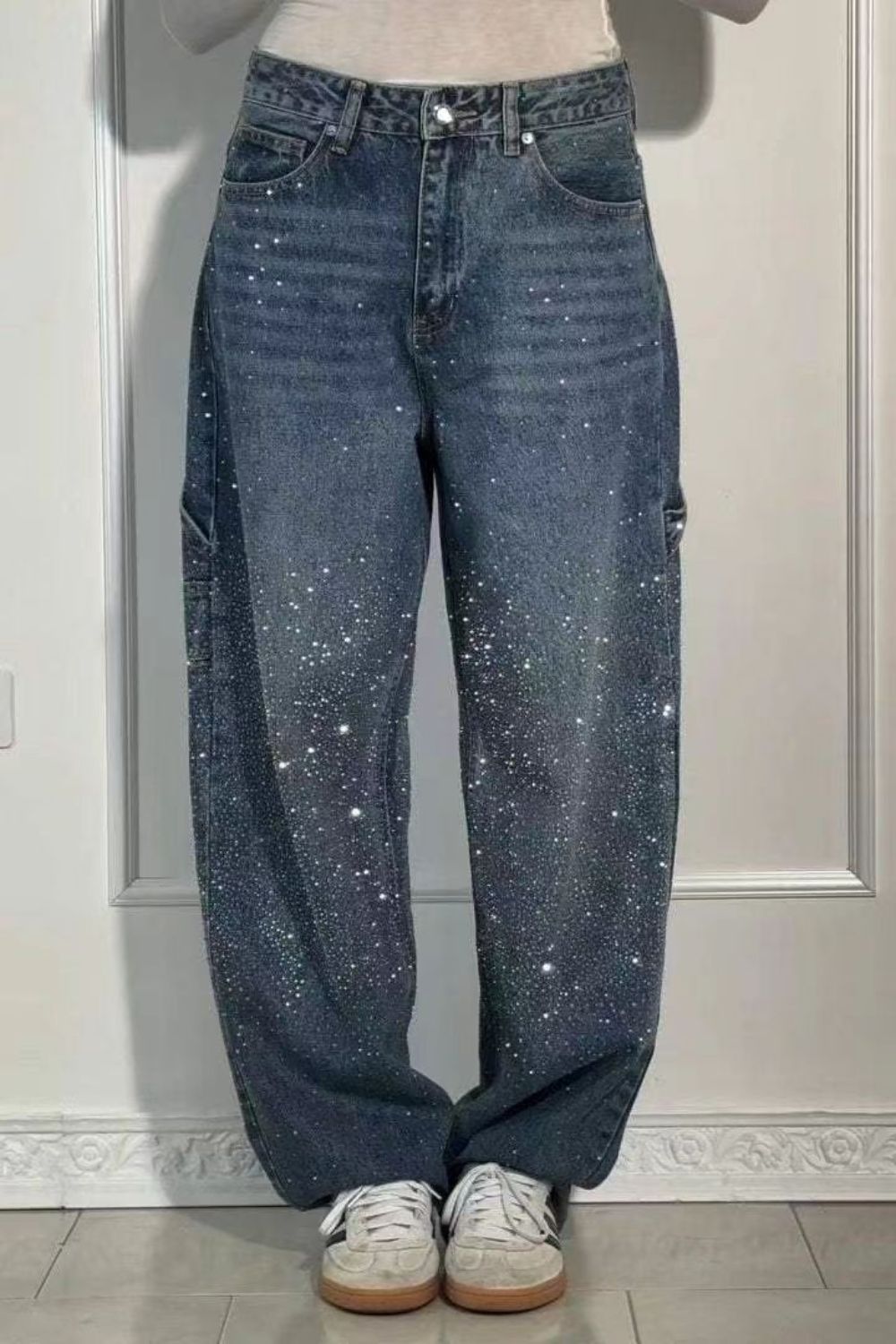 GR | Women's Washed Jeans with Rhinestone Details, Wide Fit