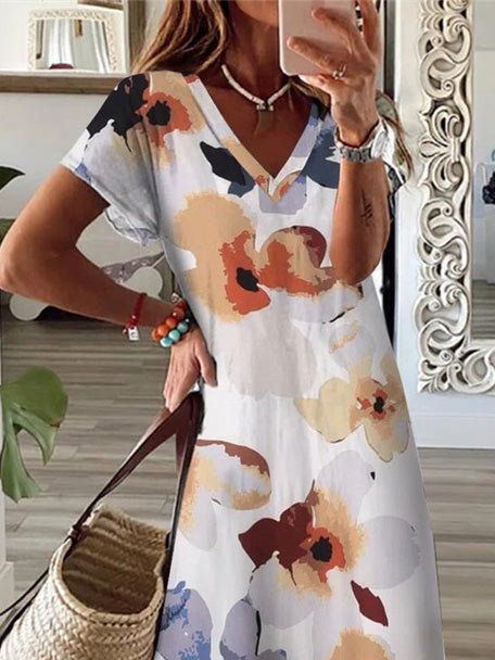 GR | Women's Floral Print V-Neck Short Sleeve Slit Dress