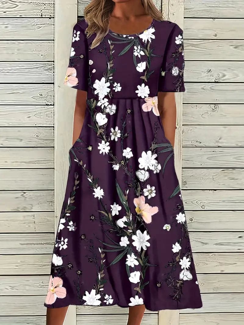 GR | Midi Kleid Blumendes Muster Rundhals Kurze Ärmel Luftig und Bequem