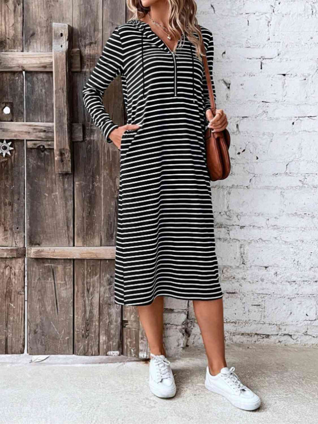 GR | Striped Zip-Front Hooded Dress
