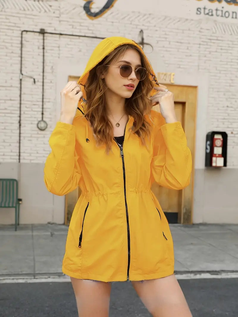 Jacket with long sleeves, zipper, floral print and hood 