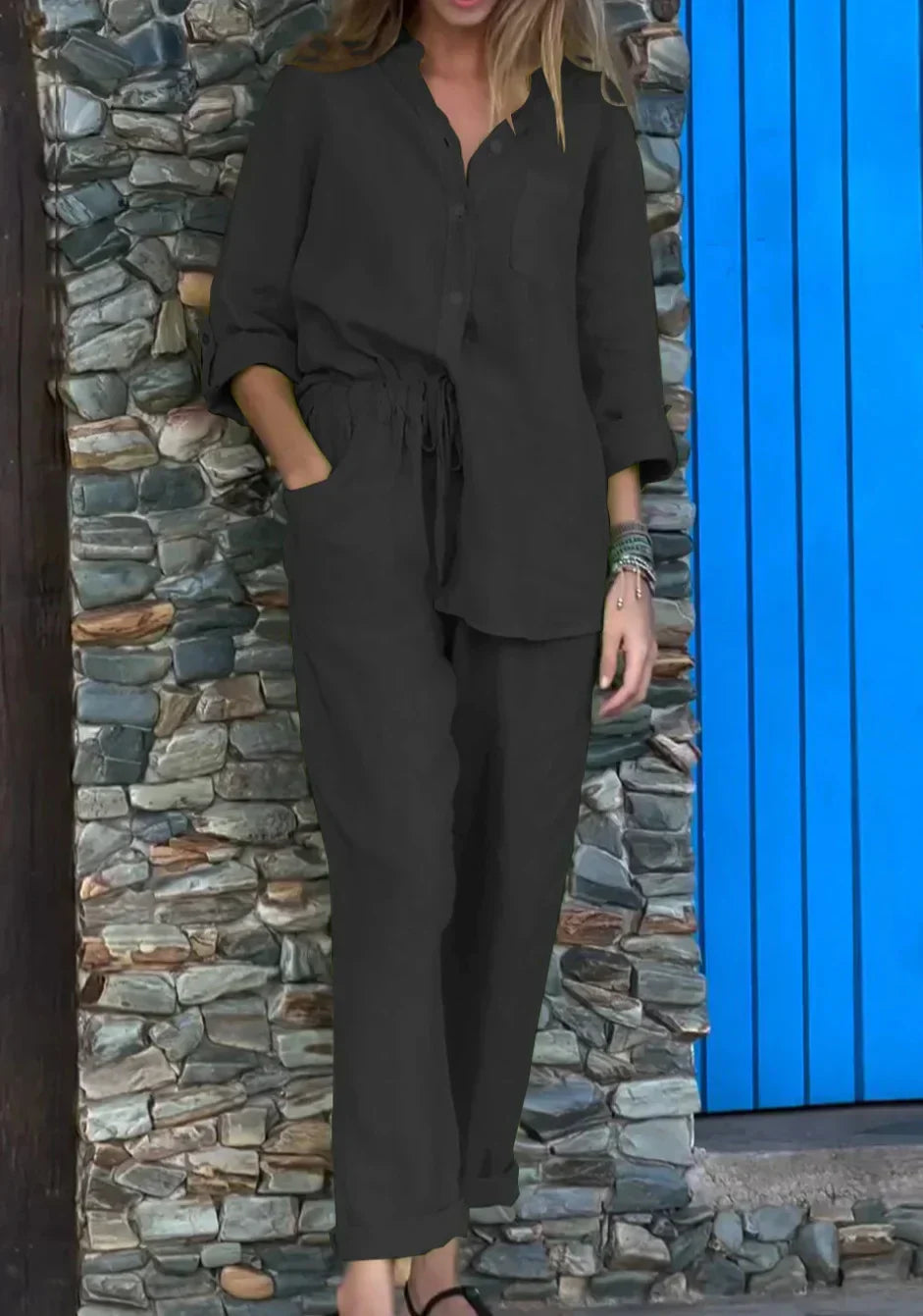 GR | Casual V-neck shirt & trousers cotton-linen set 