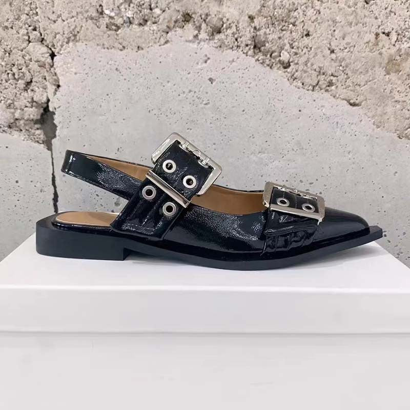 GR | Pointed toe belt buckle mules leather flat sandals