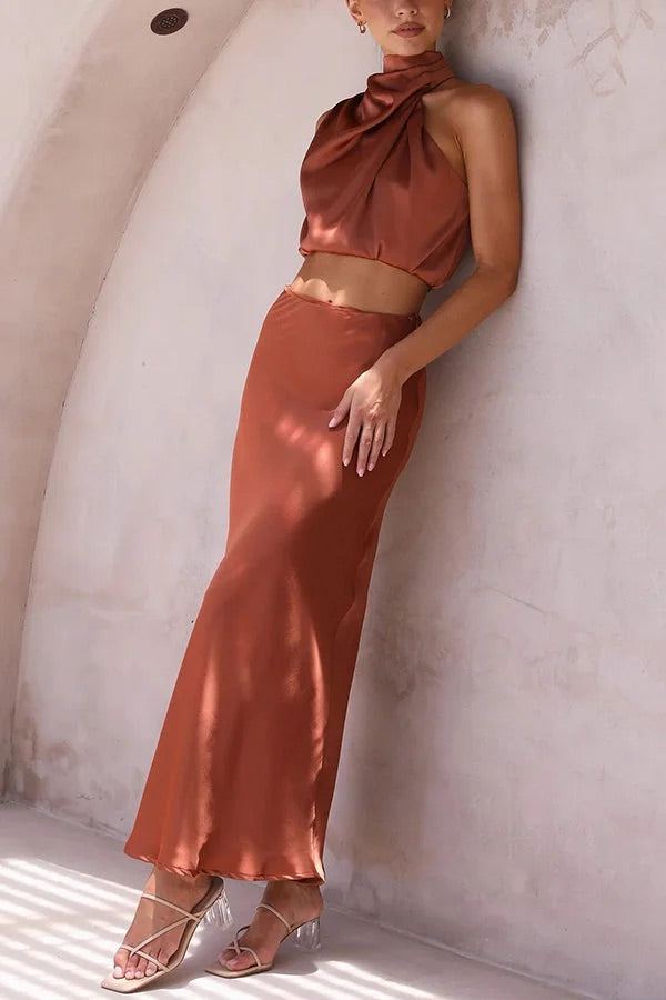 GR | Such a mood High-necked satin draped maxi skirt set 