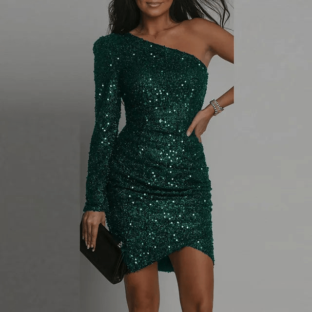 GR | Elegante One Shoulder Pailletten Kleid Mit Wickelstil Damen Kleid