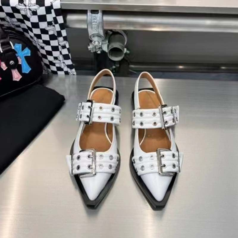 GR | Pointed toe belt buckle mules leather flat sandals