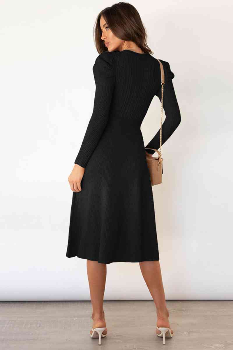 GR | Round Neck Long Sleeve Knot Waist Sweater Dress